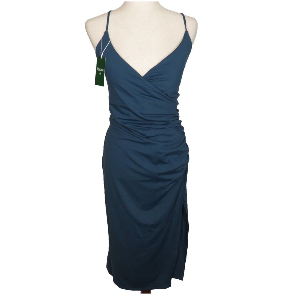 Halara Deep Teal Wrap Look Side Ruched Side Slit Bodycon Dress Size Small